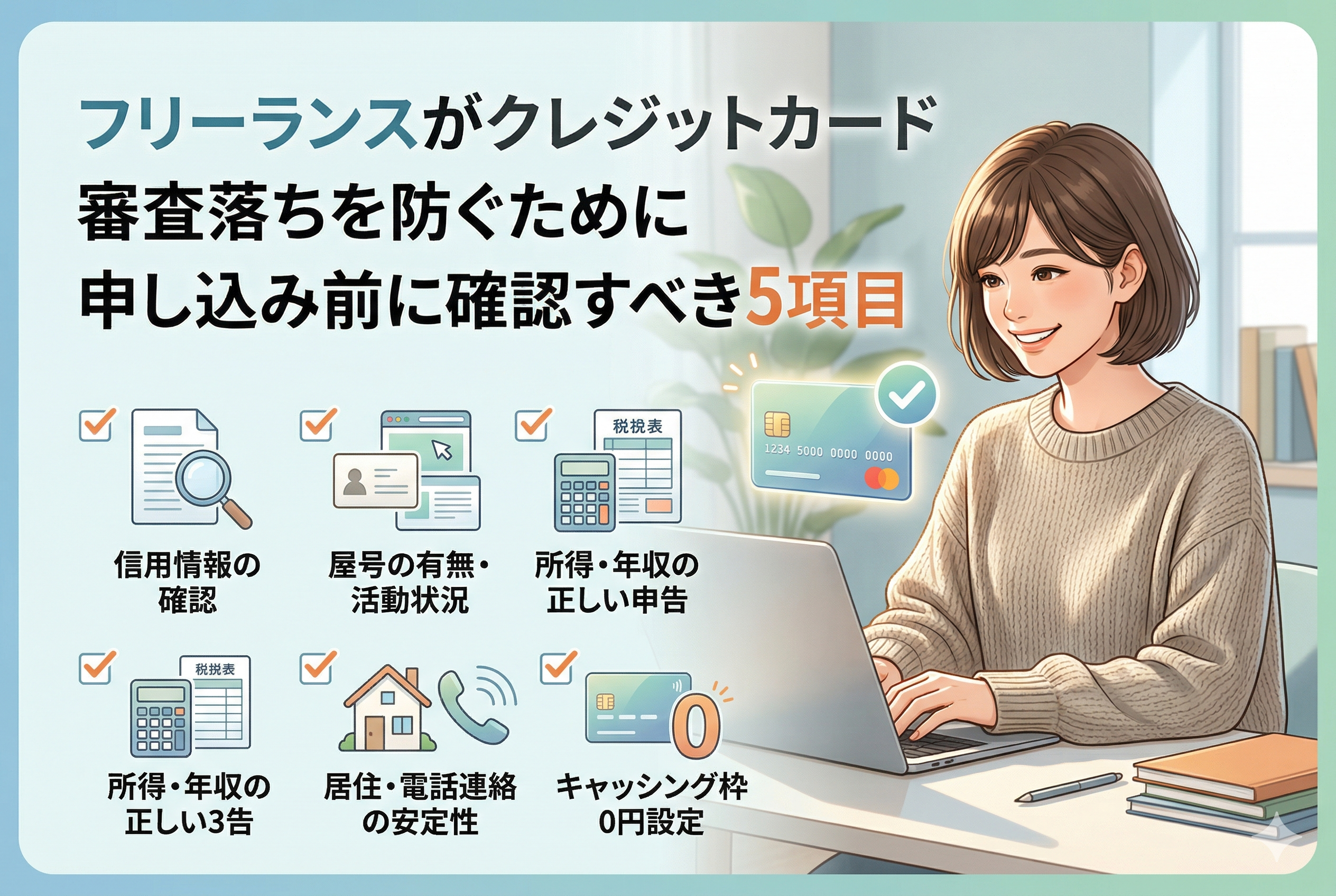 パソコンの前で作業する女性フリーランスのイラスト。画像上部に「フリーランスがクレジットカード審査落ちを防ぐために申し込み前に確認すべき5項目」というタイトル。その下に、「信用情報の確認」「屋号の有無・活動状況」「所得・年収の正しい申告」「居住・電話連絡の安定性」「キャッシング枠 0円設定」の5つの項目をアイコンとテキストで図解したアイキャッチ画像。