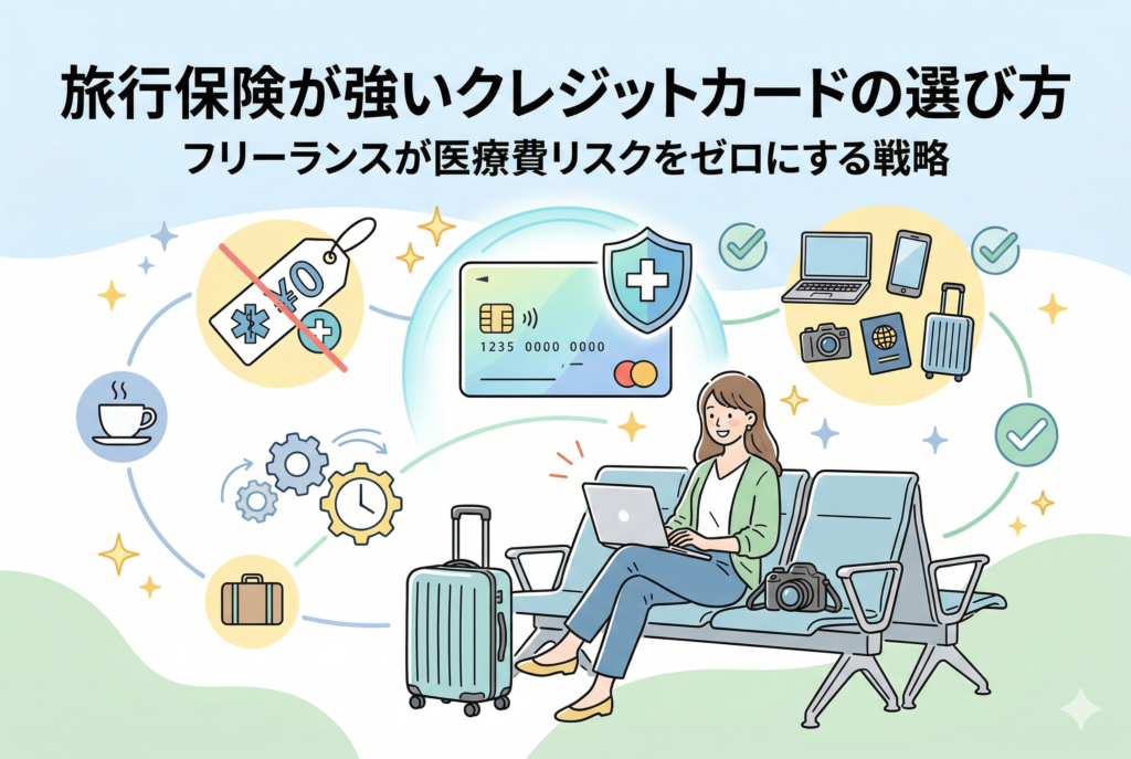 「旅行保険が強いクレジットカードの選び方 フリーランスが医療費リスクをゼロにする戦略」というタイトルが書かれたアイキャッチ画像。ノートパソコンとカメラを持って座る女性フリーランスが、クレジットカード、医療マーク入りの盾、飛行機、パスポート、スーツケースなどの旅行と仕事のアイテムに囲まれている。フリーランスが医療費リスクを回避するためのクレジットカード選びを表現した、親しみやすく清潔感のあるイラスト。