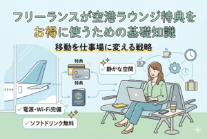 「フリーランスが空港ラウンジ特典をお得に使うための基礎知識」というタイトルと、「移動を仕事場に変える戦略」というサブタイトルが記載されたアイキャッチ画像。中央には、電源・Wi-Fi完備、静かな空間、ソフトドリンク無料という3つのメリットとともに、笑顔でパソコンを操作する女性フリーランスが空港ラウンジで快適に過ごす様子がイラストで描かれています。