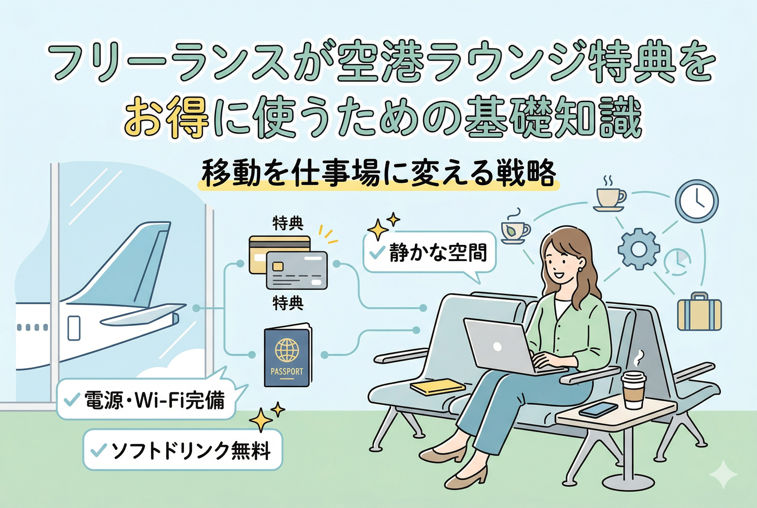 「フリーランスが空港ラウンジ特典をお得に使うための基礎知識」というタイトルと、「移動を仕事場に変える戦略」というサブタイトルが記載されたアイキャッチ画像。中央には、電源・Wi-Fi完備、静かな空間、ソフトドリンク無料という3つのメリットとともに、笑顔でパソコンを操作する女性フリーランスが空港ラウンジで快適に過ごす様子がイラストで描かれています。