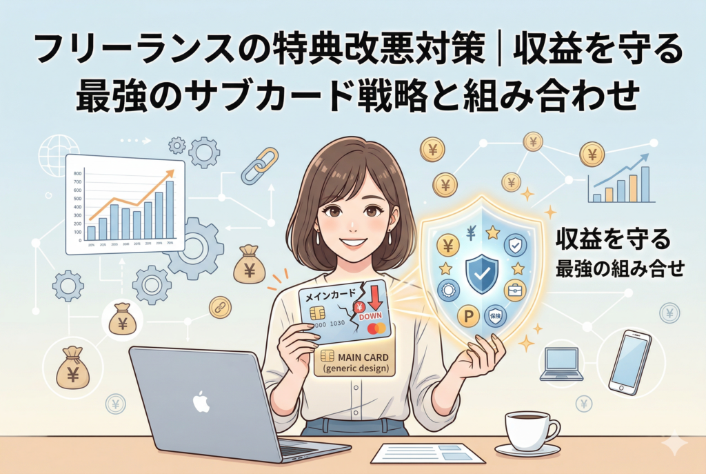 記事の見出し「フリーランスの特典改悪対策 | 収益を守る最強のサブカード戦略と組み合わせ」が入ったアイキャッチ画像。中央で女性フリーランスが微笑んで座り、左側の主カードと伸びる収入グラフ、右側の副カードと「収益を守る最強の組み合せ」と書かれた発光する盾を表現しています。盾の中には日元コイン、星、チェックマーク(成功)、盾(保護)のアイコンが含まれ、カードの使い分けによる収益保護と利益最大化を視覚化しています。背景には銭袋やデバイスのアイコンが配置された、クリーンで親しみやすい精緻なフラットベクターイラストです。