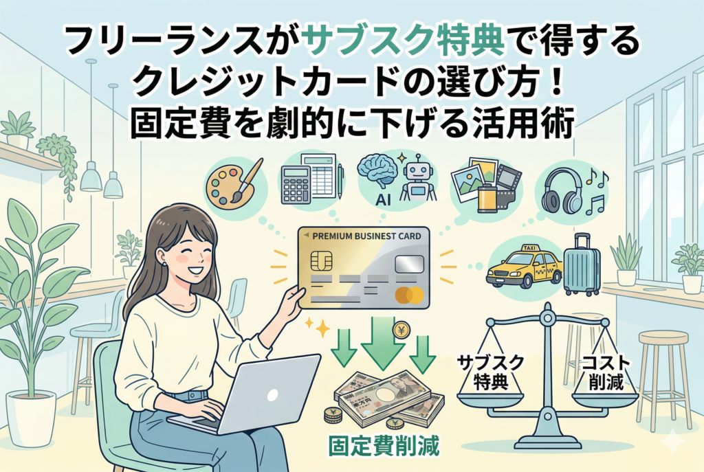 「フリーランスがサブスク特典で得するクレジットカードの選び方!」という記事タイトルが入ったアイキャッチ画像。ノートパソコンを使う女性がプレミアムビジネスカードを掲げ、周囲にデザインツール、AI、会計ソフト、旅行などのサブスクアイコンが浮かんでいる。下には現金と「固定費削減」の文字、右側には「サブスク特典」と「コスト削減」を天秤にかけたイラストが描かれている。