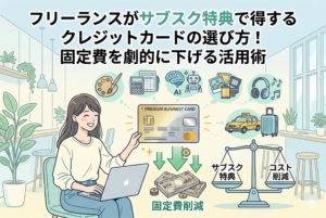 「フリーランスがサブスク特典で得するクレジットカードの選び方！」という記事タイトルが入ったアイキャッチ画像。ノートパソコンを使う女性がプレミアムビジネスカードを掲げ、周囲にデザインツール、AI、会計ソフト、旅行などのサブスクアイコンが浮かんでいる。下には現金と「固定費削減」の文字、右側には「サブスク特典」と「コスト削減」を天秤にかけたイラストが描かれている。