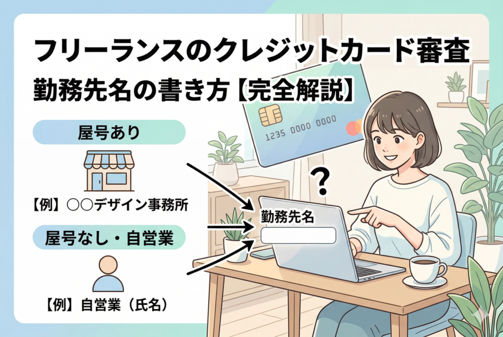フリーランスのクレジットカード審査で、申込書の「勤務先名」の書き方を解説したイラスト。屋号がある場合の入力例(○○デザイン事務所)と、屋号がない自営業の場合の入力例(自営業(氏名))を示し、ラップトップで入力する女性が描かれています。