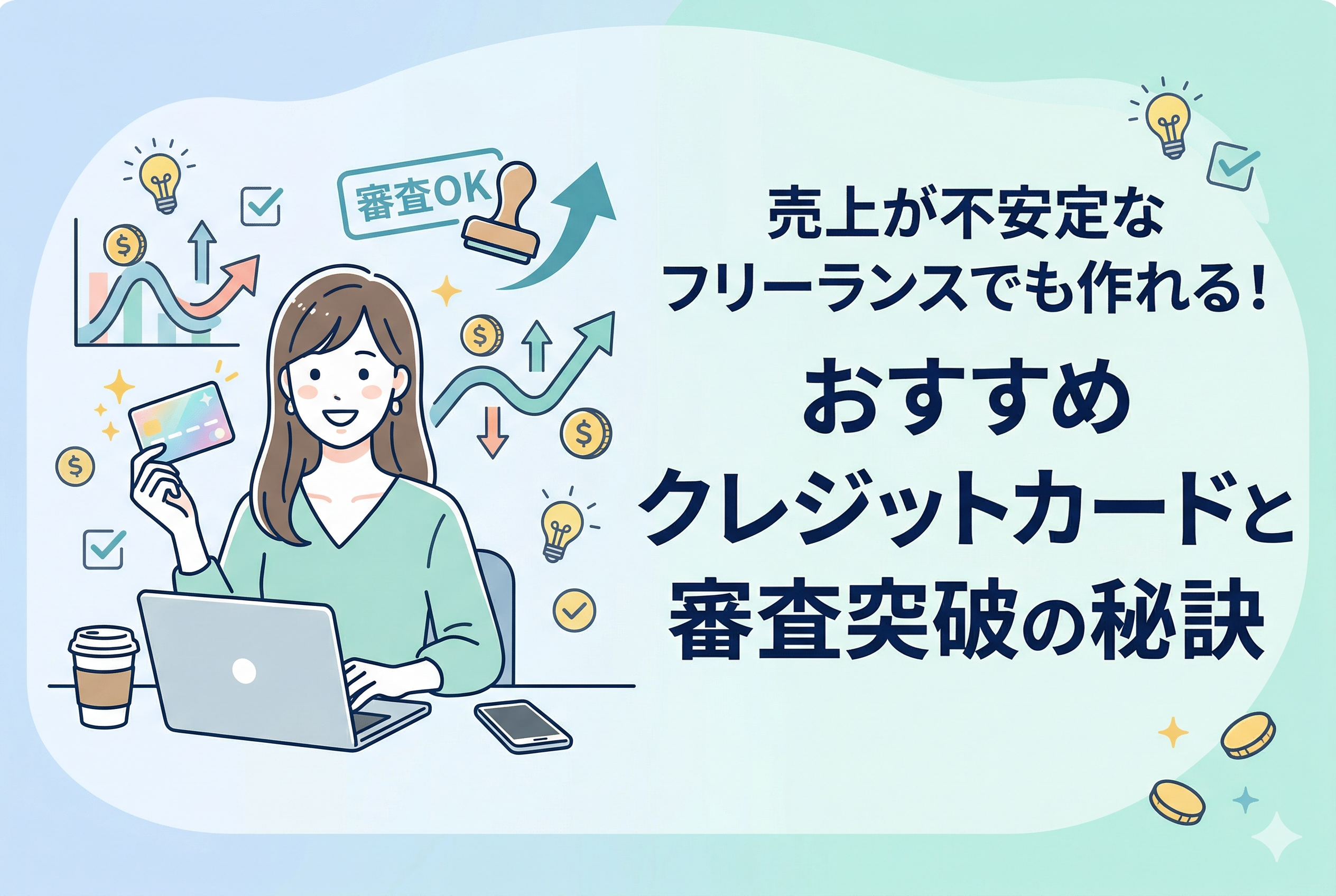 パソコンに向かいながら笑顔でクレジットカードを持つ女性フリーランスのイラスト。周囲には上昇する売上グラフ、ドルコイン、「審査OK」のスタンプなどが描かれ、右側に「売上が不安定なフリーランスでも作れる!おすすめクレジットカードと審査突破の秘訣」という日本語の見出しが配置された、清潔感のある親しみやすいデザイン。