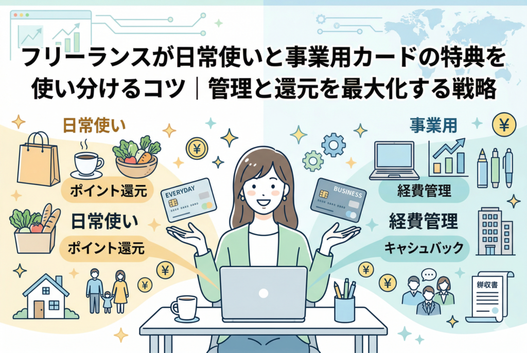 「フリーランスが日常使いと事業用カードの特典を使い分けるコツ｜管理と還元を最大化する戦略」というタイトル入りのビジネスイラスト。中央の女性フリーランスが、左手の「日常使い（EVERYDAY）」カードでショッピングや家族、家のポイント還元、右手の「事業用（BUSINESS）」カードで経費管理やキャッシュバックの特典を使い分ける様子を精緻に描いています。