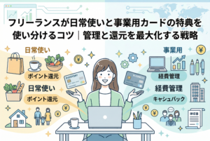 「フリーランスが日常使いと事業用カードの特典を使い分けるコツ｜管理と還元を最大化する戦略」というタイトル入りのビジネスイラスト。中央の女性フリーランスが、左手の「日常使い（EVERYDAY）」カードでショッピングや家族、家のポイント還元、右手の「事業用（BUSINESS）」カードで経費管理やキャッシュバックの特典を使い分ける様子を精緻に描いています。