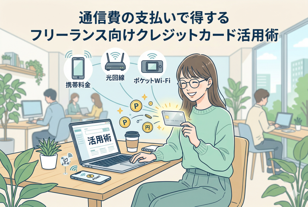 「通信費の支払いで得するフリーランス向けクレジットカード活用術」という見出しが入ったアイキャッチ画像。明るいコワーキングスペースで、ノートパソコンを前にクレジットカードを持つ笑顔の女性。彼女の持つカードからポイントが飛び出し、携帯料金・光回線・ポケットWi-Fiのアイコンへと繋がっていく様子を描いた、清潔感のある精緻なイラスト。