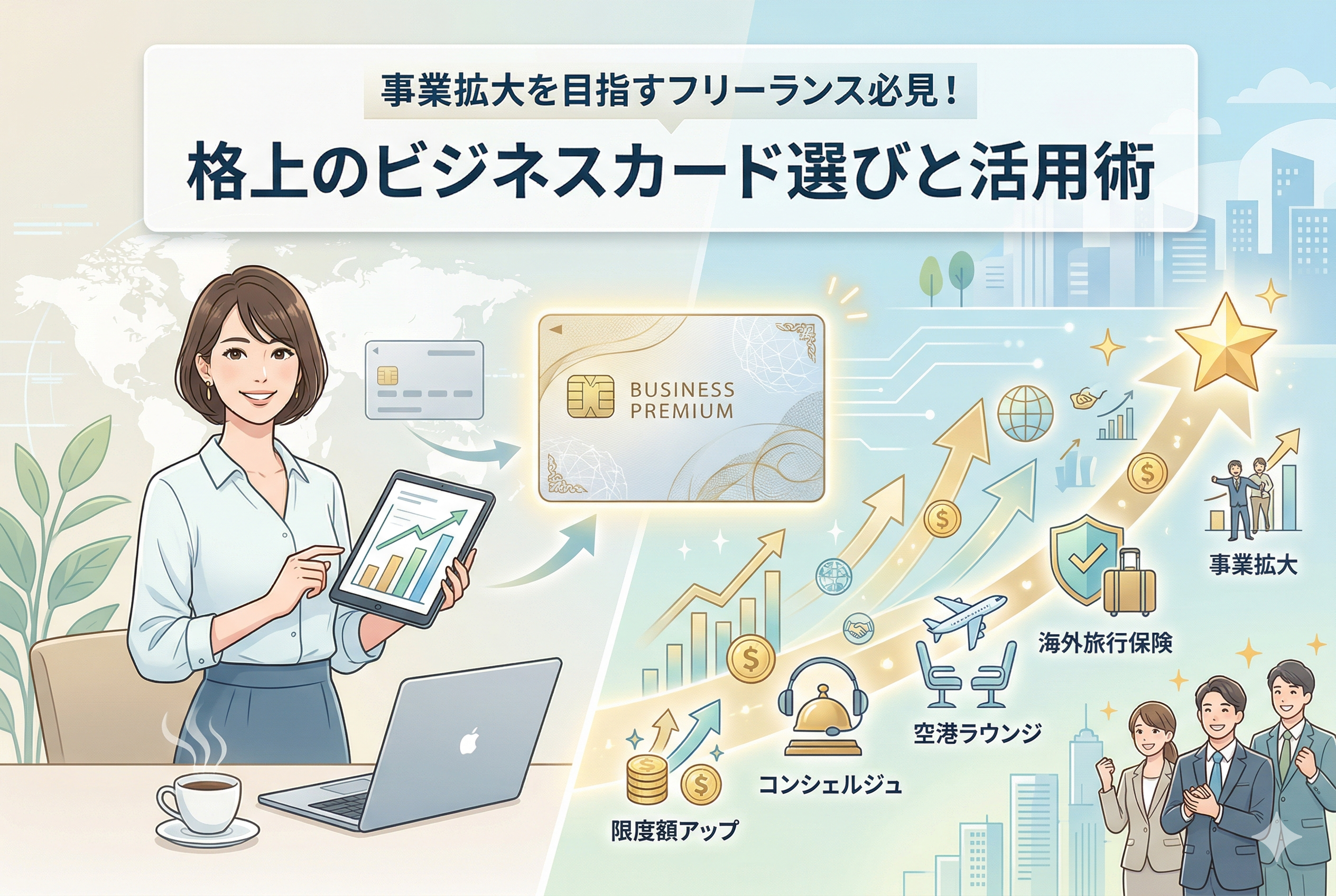 「事業拡大を目指すフリーランス必見！格上のビジネスカード選びと活用術」というタイトルのアイキャッチ画像。笑顔の女性フリーランスがデスクでノートPCと成長グラフのタブレットを持ち、中央のプレミアムビジネスカードから、限度額アップ、コンシェルジュ、空港ラウンジ、海外旅行保険の特典アイコンが右肩上がりの矢印で伸び、最終的に「事業拡大」を達成しガッツポーズをするビジネスパーソンのグループと成功の星へ繋がる様子を描いたインフォグラフィックイラスト。