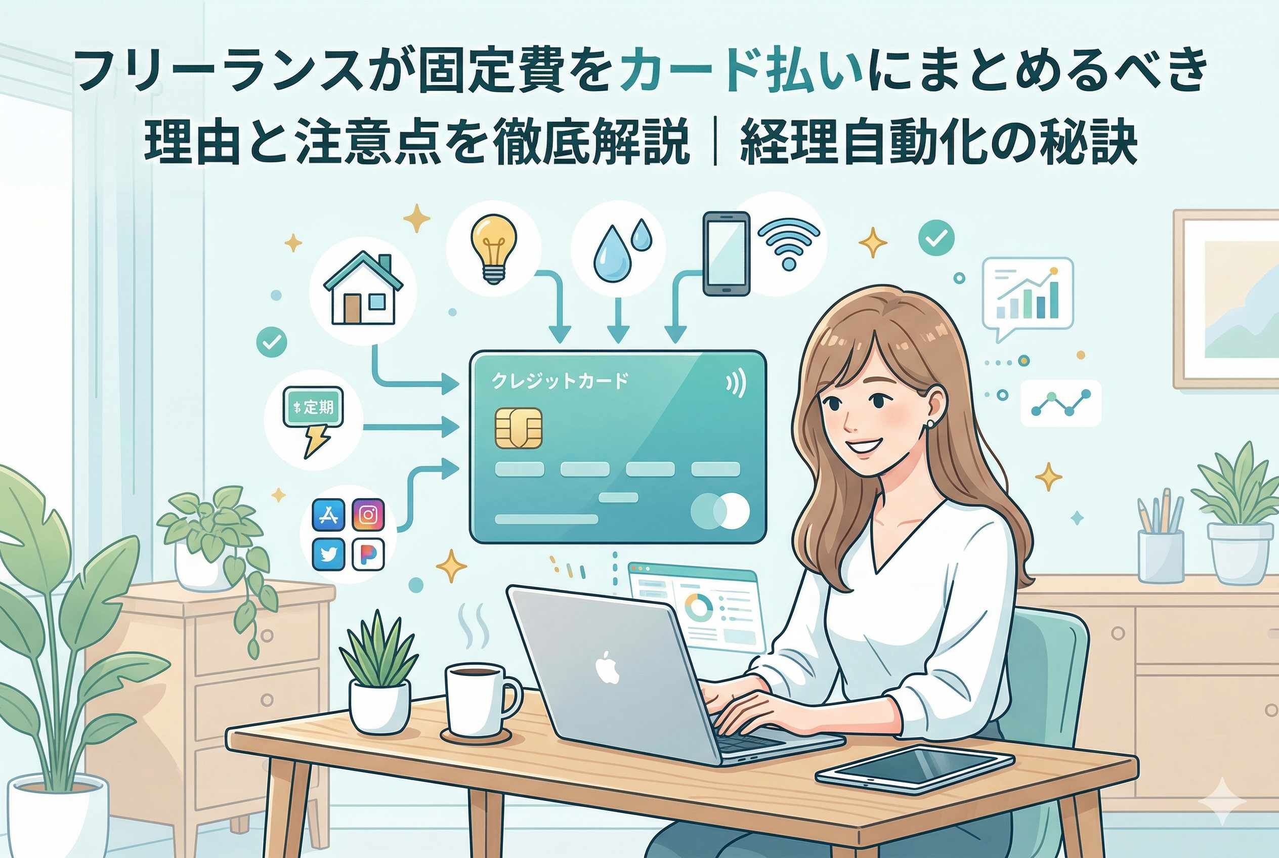 明るい室内でパソコン作業をする女性のイラスト。家賃、光熱費、通信費などの固定費アイコンがクレジットカードに集約される様子を描き、「フリーランスが固定費をカード払いにまとめるべき理由と注意点を徹底解説|経理自動化の秘訣」という記事タイトルが記載されているアイキャッチ画像。