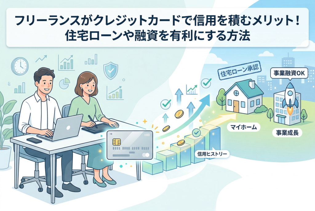 「フリーランスがクレジットカードで信用を積むメリット!住宅ローンや融資を有利にする方法」というタイトルとともに、男女のフリーランスがデスクで働く姿を描いたイラスト。中央のクレジットカードから「信用ヒストリー」を表す階段状のグラフが伸び、その先に「住宅ローン承認」を受けたマイホームや、「事業融資OK」による事業成長という未来のメリットが視覚化されている。