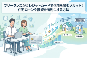 「フリーランスがクレジットカードで信用を積むメリット！住宅ローンや融資を有利にする方法」というタイトルとともに、男女のフリーランスがデスクで働く姿を描いたイラスト。中央のクレジットカードから「信用ヒストリー」を表す階段状のグラフが伸び、その先に「住宅ローン承認」を受けたマイホームや、「事業融資OK」による事業成長という未来のメリットが視覚化されている。