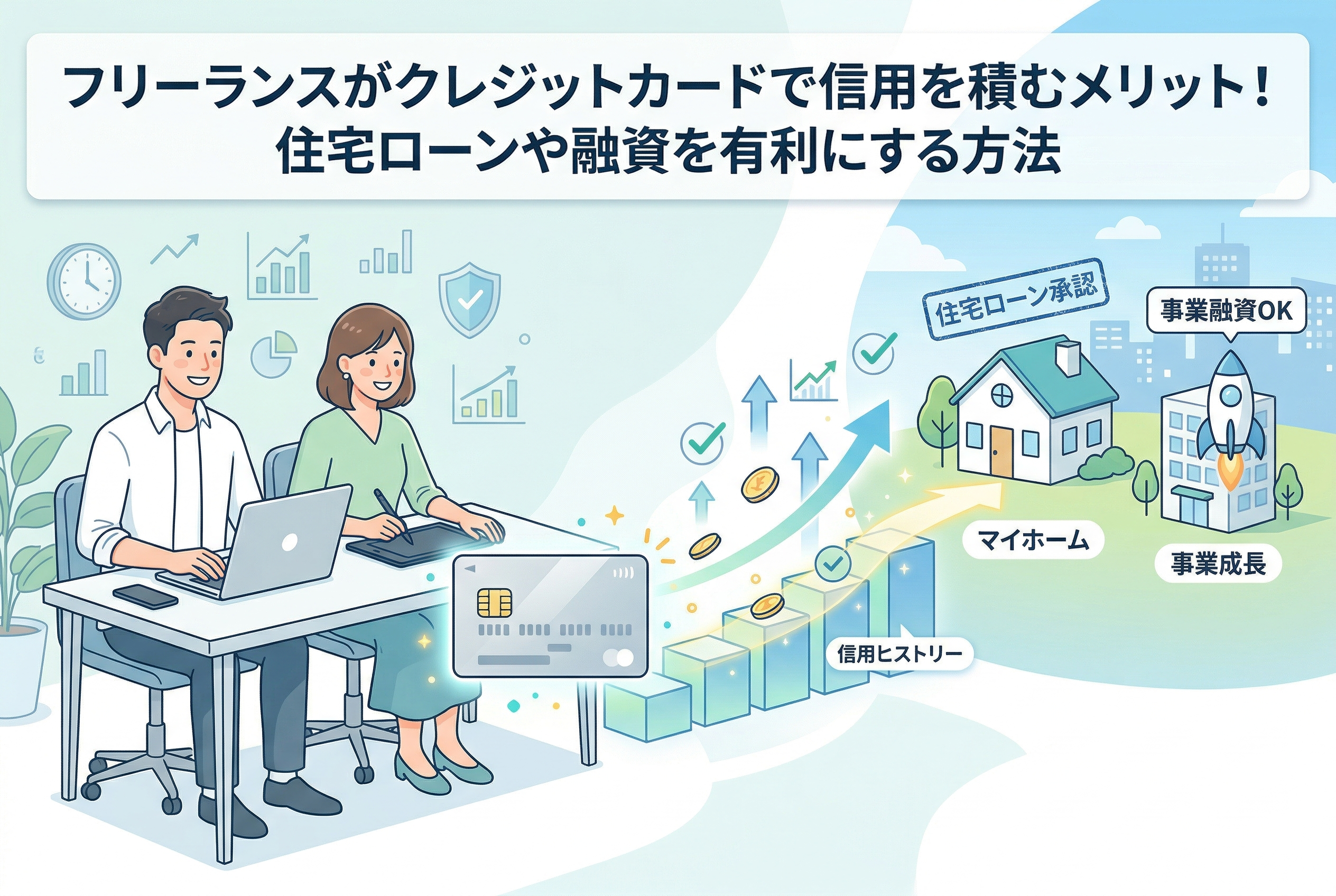 「フリーランスがクレジットカードで信用を積むメリット!住宅ローンや融資を有利にする方法」というタイトルとともに、男女のフリーランスがデスクで働く姿を描いたイラスト。中央のクレジットカードから「信用ヒストリー」を表す階段状のグラフが伸び、その先に「住宅ローン承認」を受けたマイホームや、「事業融資OK」による事業成長という未来のメリットが視覚化されている。