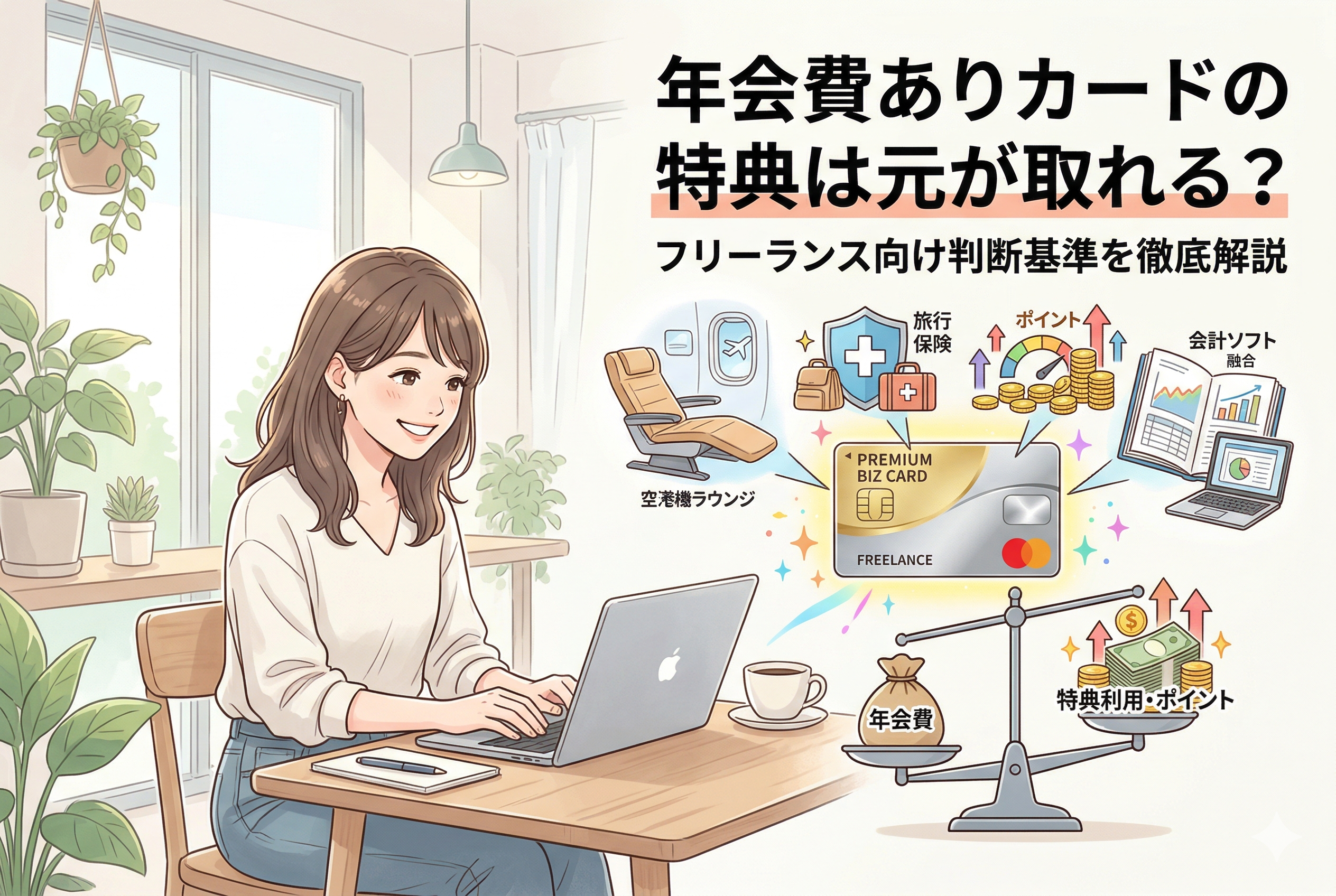 明るい室内でノートパソコンを操作する女性フリーランスと、クレジットカードの年会費と特典（ポイント還元・旅行保険・空港ラウンジ・会計ソフト連携）を天秤で比較している様子を描いた、親しみやすいデザインのイラスト。