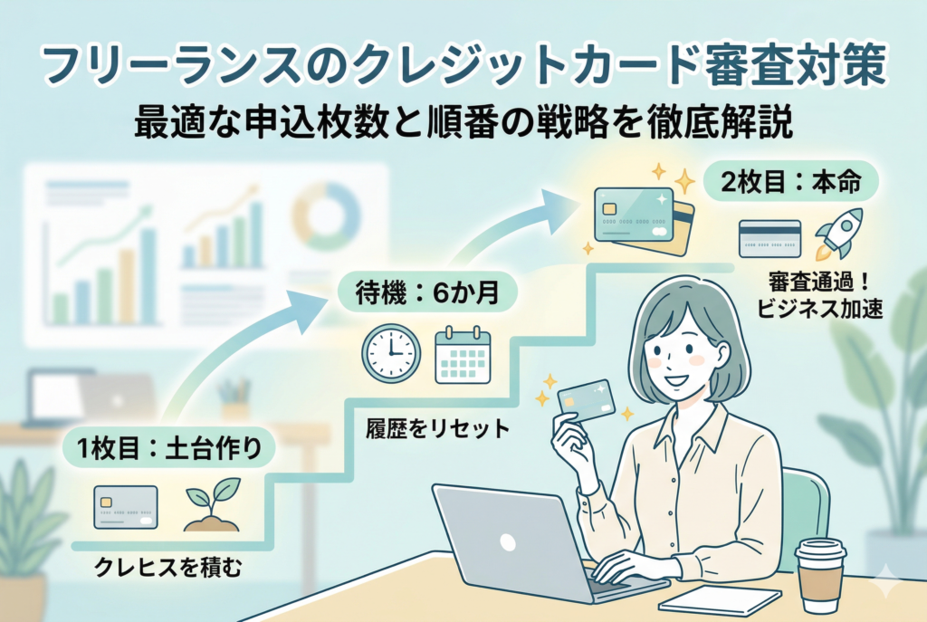 「フリーランスのクレジットカード審査対策」というタイトルのもと、審査通過の戦略を階段状の図解で示したイラスト。1枚目で土台を作り、6か月の待機期間を経て2枚目の本命カードを狙うステップを、パソコンで作業する女性とともに描いています。