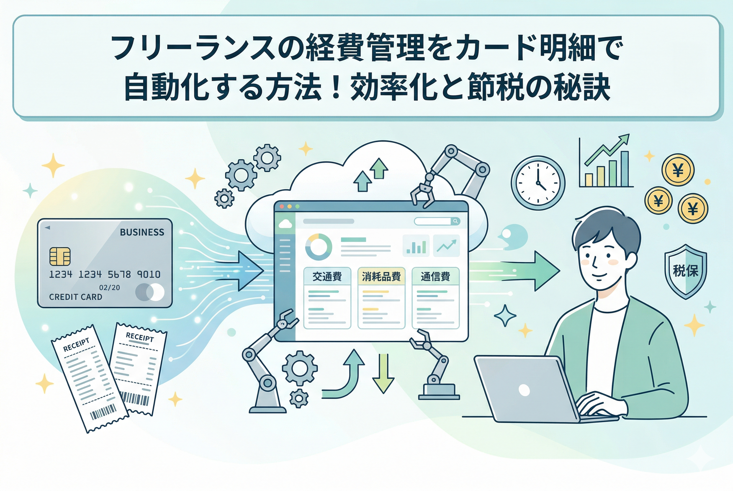 「フリーランスの経費管理をカード明細で自動化する方法!効率化と節税の秘訣」という記事タイトルとともに、クレジットカードと領収書からクラウド会計ソフトへデータが自動連携され、整理される様子を描いたクリーンなイラスト。