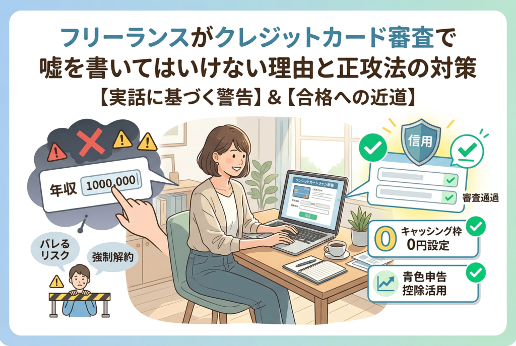 パソコンの前で笑顔で作業する女性フリーランスのイラスト。画像上部には「フリーランスがクレジットカード審査で嘘を書いてはいけない理由と正攻法の対策 【実話に基づく警告】＆【合格への近道】」という大きな日本語のタイトルがある。イラストは比較形式になっており、左側には「嘘」の例として「年収 1000,000」と入力する様子と、警告マーク、そして「バレるリスク」「強制解約」「柵に閉じ込められる人」のアイコンが描かれている。右側には「正攻法」の例として、チェックマーク付きの「信用」「審査通過」の盾、「キャッシング枠 0円設定」「青色申告控除活用」の項目がアイコンとともに描かれており、正直に申し込むことの重要性を伝えている。