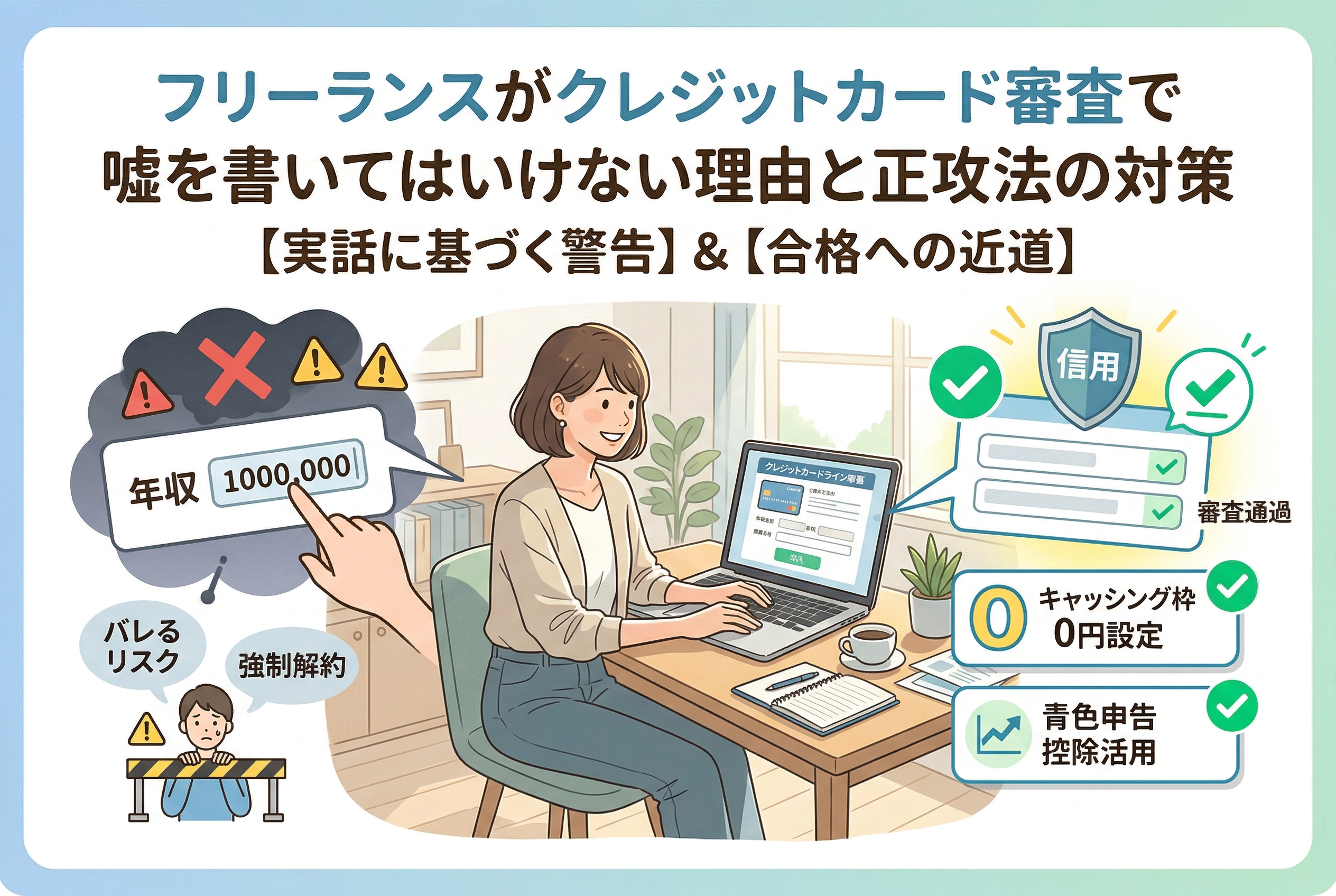パソコンの前で笑顔で作業する女性フリーランスのイラスト。画像上部には「フリーランスがクレジットカード審査で嘘を書いてはいけない理由と正攻法の対策 【実話に基づく警告】＆【合格への近道】」という大きな日本語のタイトルがある。イラストは比較形式になっており、左側には「嘘」の例として「年収 1000,000」と入力する様子と、警告マーク、そして「バレるリスク」「強制解約」「柵に閉じ込められる人」のアイコンが描かれている。右側には「正攻法」の例として、チェックマーク付きの「信用」「審査通過」の盾、「キャッシング枠 0円設定」「青色申告控除活用」の項目がアイコンとともに描かれており、正直に申し込むことの重要性を伝えている。