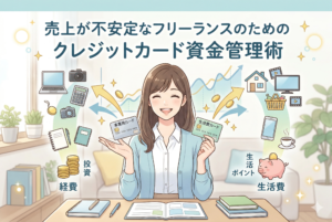 「売上が不安定なフリーランスのためのクレジットカード資金管理術」という見出しが入った、デスクで微笑む女性フリーランスのイラスト。左右に「事業用カード」と「生活費カード」の使い分けをイメージしたアイコン（PC、カメラ、貯金箱、住宅、コーヒーなど）が配され、支出の整理と上昇するグラフが描かれています。