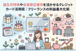 「誕生月特典や会員限定優待を活かせるクレジットカード活用術｜フリーランスの利益最大化術」という見出し入りのイラスト。中央の女性フリーランスを囲むように、左側には誕生日のケーキやカレンダー、カメラ（機材投資）、右側には高級な食事や飛行機、ホテル（会員優待）のアイコンが描かれています。下部には貯金箱と右肩上がりのグラフがあり、カード特典を戦略的に使って利益を最大化する様子を表現した、清潔感のある精緻なデザインです。