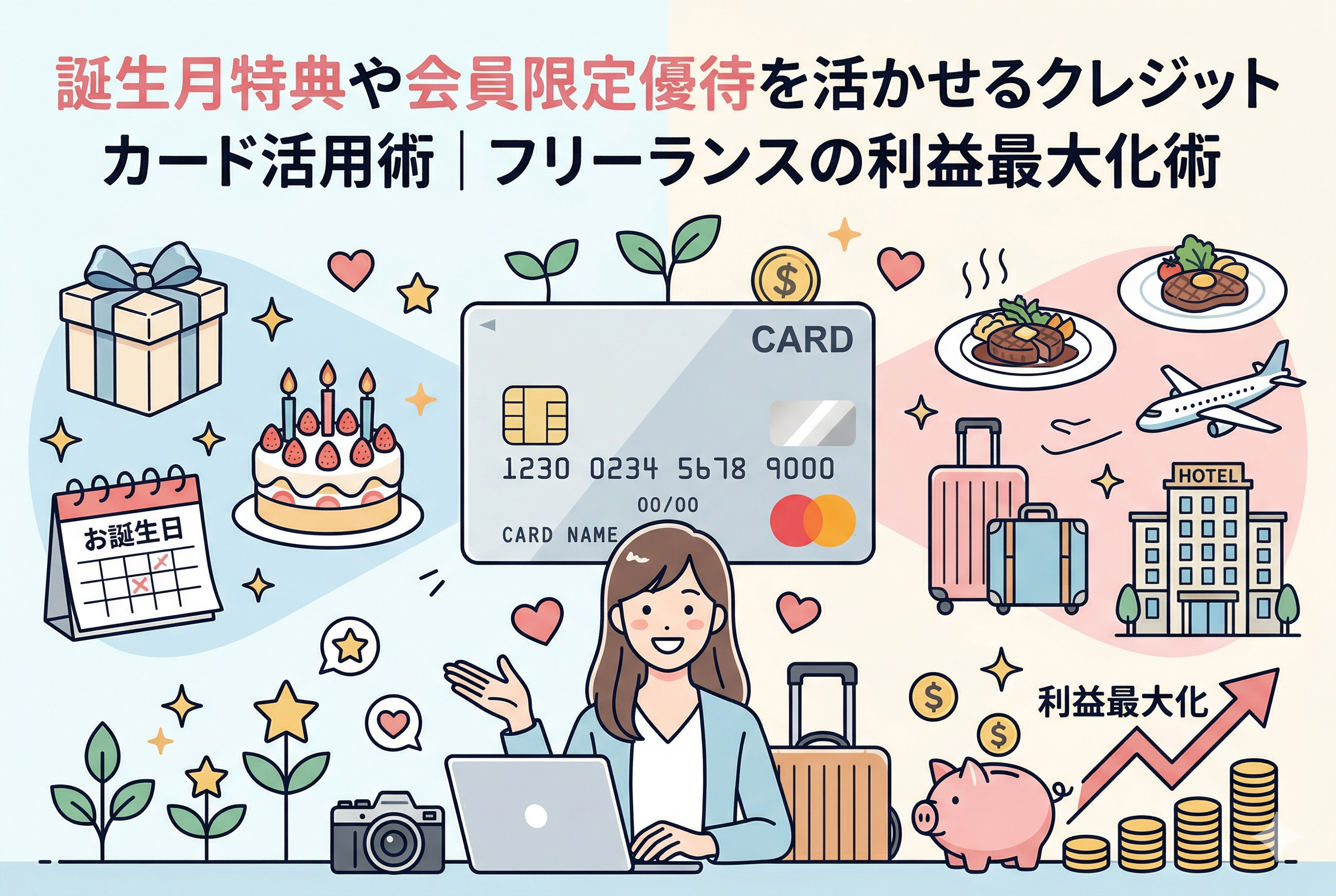 「誕生月特典や会員限定優待を活かせるクレジットカード活用術｜フリーランスの利益最大化術」という見出し入りのイラスト。中央の女性フリーランスを囲むように、左側には誕生日のケーキやカレンダー、カメラ（機材投資）、右側には高級な食事や飛行機、ホテル（会員優待）のアイコンが描かれています。下部には貯金箱と右肩上がりのグラフがあり、カード特典を戦略的に使って利益を最大化する様子を表現した、清潔感のある精緻なデザインです。