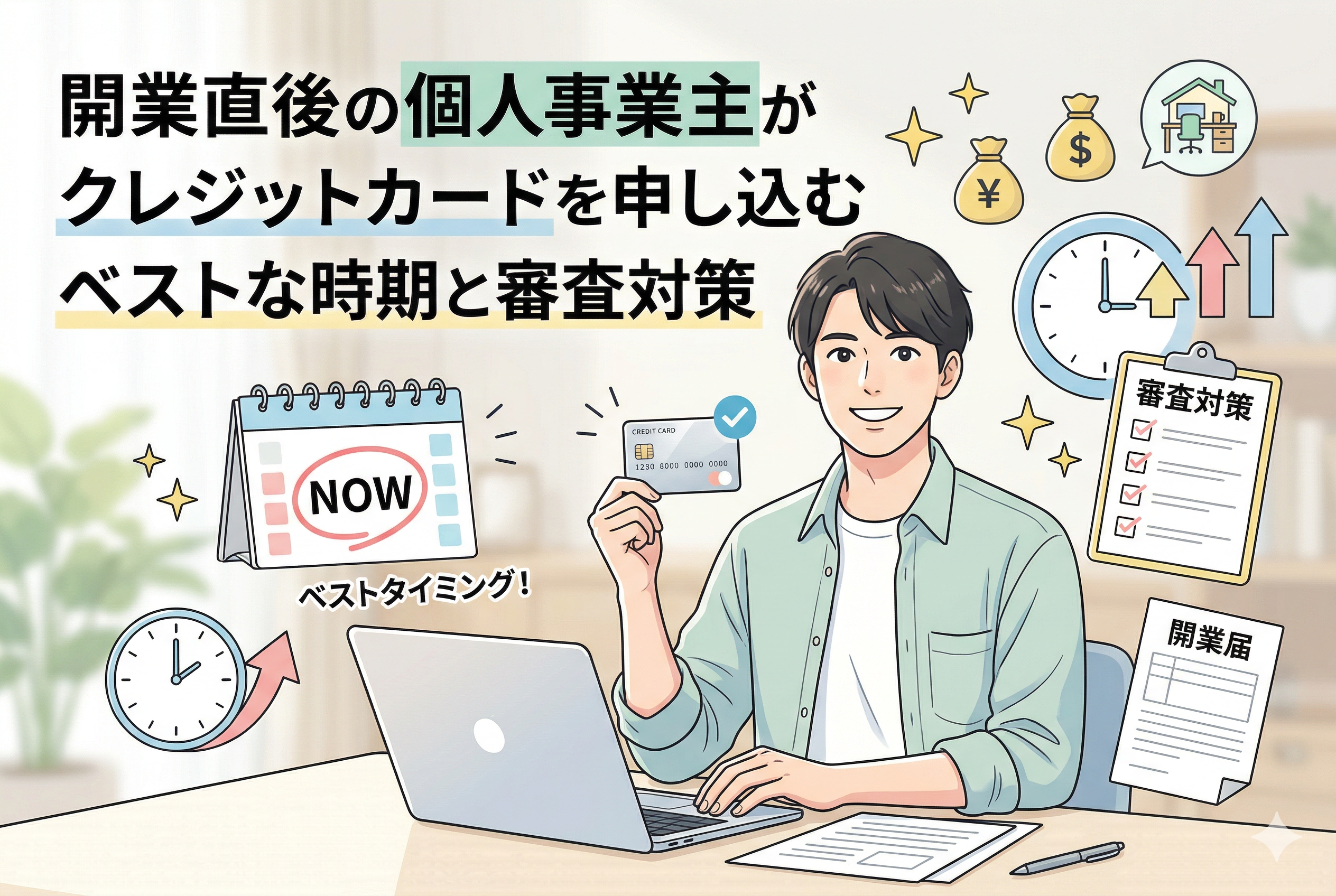 パソコンデスクで笑顔で laptop を使う男性個人事業主のイラスト。デスクには generic なクレジットカードや書類が置かれ、周囲には「ベストタイミング!」のフックラベルや審査のチェックリスト、カレンダー、時計、ドル袋（お金）、上向き矢印（成長）などのアイコンがある。画像上部には「開業直後の個人事業主がクレジットカードを申し込むベストな時期と審査対策」というメインタイトルと、「【自営業者必見】審査通過のコツと活用術」というサブタイトルが配置されており、親しみやすく実用的な内容であることを伝えている。清潔感のある精緻なデザイン。
