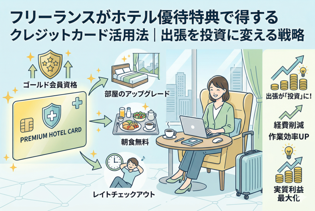 ホテルのラウンジで快適に作業する女性フリーランスを囲むように、上級会員向けクレジットカードの特典(部屋のアップグレード、朝食無料、レイトチェックアウトなど)と、それによって出張を投資に変え、経費削減、作業効率アップ、実質利益最大化を図るビジネス効果がイラストで描かれているアイキャッチ画像。上部には記事タイトル「フリーランスがホテル優待特典で得するクレジットカード活用法|出張を投資に変える戦略」が日本語で記載されている。