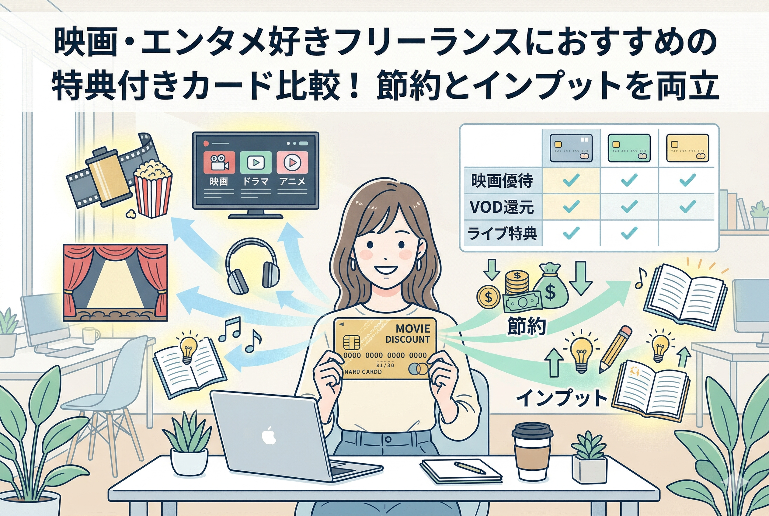 「映画・エンタメ好きフリーランスにおすすめの特典付きカード比較!節約とインプットを両立」という見出しが入ったアイキャッチ画像。デスクでパソコン作業をする女性が「MOVIE DISCOUNT」と書かれたカードを掲げ、周囲に映画・ドラマ・アニメ・読書などのアイコンや、カードごとの特典比較表、「節約」と「インプット」を両立する仕組みが描かれたイラスト。