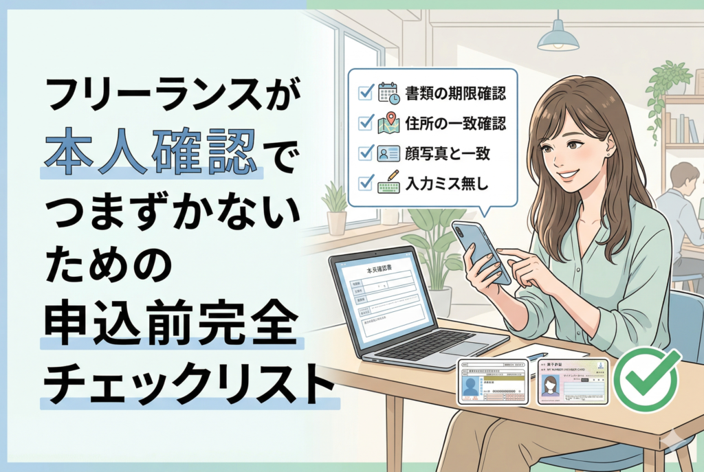 パソコンとスマートフォンでクレジットカードの申し込みを行う女性フリーランスのイラスト。デスクには運転免許証などの本人確認書類が置かれ、画面上には「書類の期限確認」「住所の一致確認」「顔写真と一致」「入力ミス無し」というチェックリストが表示されている。左側には「フリーランスが本人確認でつまずかないための申込前完全チェックリスト」というタイトルが入った、清潔感のあるアイキャッチ画像。