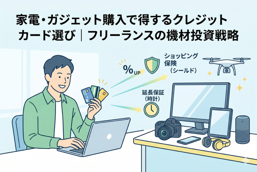 見出し「家電・ガジェット購入で得するクレジットカード選び|フリーランスの機材投資戦略」が入った、清潔感のあるフラットイラスト。デスクでノートパソコンを使う笑顔の男性フリーランスが複数のクレジットカードを持ち、デスク上の汎用的なモニター、一眼レフカメラ、タブレット、ヘッドフォン、ドローン、スマートスピーカーを見ながら考えている。クレジットカードからはガジェットへ光るラインが伸び、%UP、ショッピング保険(シールド)、延長保証(時計)のアイコンが飛び、特典を表現している。背景は明るいオフィス。特定の企業のロゴはない。