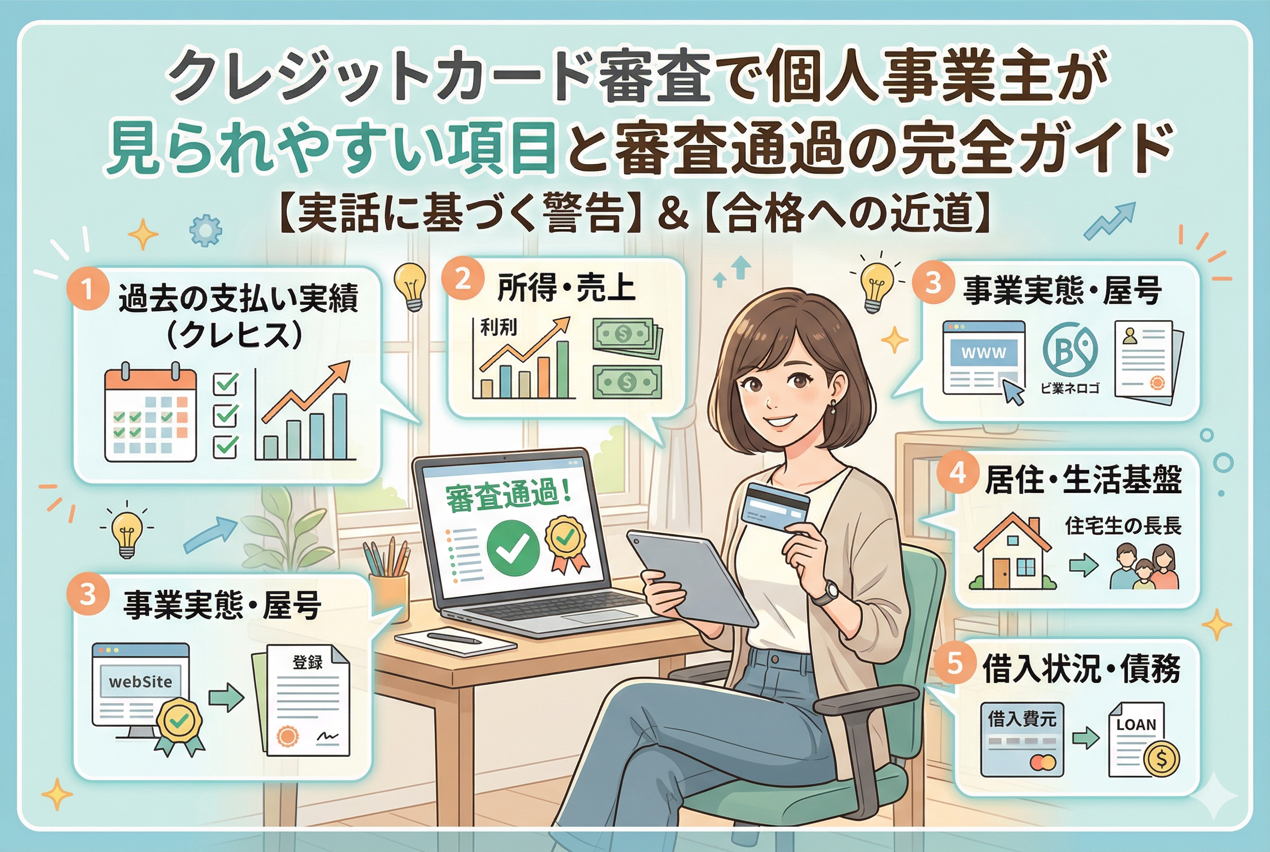 笑顔の女性個人事業主がデスクでクレジットカード審査通過を喜ぶ様子を描いたイラスト。ノートパソコンの画面には緑のチェックマークと「審査通過！」の文字。周囲には、過去の支払い実績（クレヒス）、所得・売上、事業実態・屋号、居住・生活基盤、借入状況・債務の5つの審査ポイントがアイコンと日本語テキストで分かりやすく図解されている。親しみやすく清潔感のあるパステルカラーのデザイン。