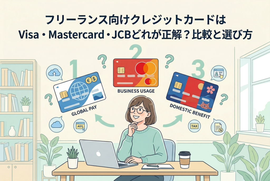 「フリーランス向けクレジットカードは Visa・Mastercard・JCBどれが正解？比較と選び方」という見出しのアイキャッチ画像。デスクでノートパソコンを使う女性が、浮かぶ3枚のカード（1. GLOBAL PAY（Visa）、2. BUSINESS USAGE（Mastercard）、3. DOMESTIC BENEFIT（JCB））について、クエスチョンマークを浮かべて考えている様子を描いたイラスト。彼女の周りには広告、税金、クラウド、国内特典をイメージしたアイコンが浮かび、各ブランドの特徴（グローバル利用、ビジネス利用、国内特典）が視覚的に表現されている。