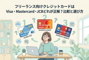 「フリーランス向けクレジットカードは Visa・Mastercard・JCBどれが正解？比較と選び方」という見出しのアイキャッチ画像。デスクでノートパソコンを使う女性が、浮かぶ3枚のカード（1. GLOBAL PAY（Visa）、2. BUSINESS USAGE（Mastercard）、3. DOMESTIC BENEFIT（JCB））について、クエスチョンマークを浮かべて考えている様子を描いたイラスト。彼女の周りには広告、税金、クラウド、国内特典をイメージしたアイコンが浮かび、各ブランドの特徴（グローバル利用、ビジネス利用、国内特典）が視覚的に表現されている。