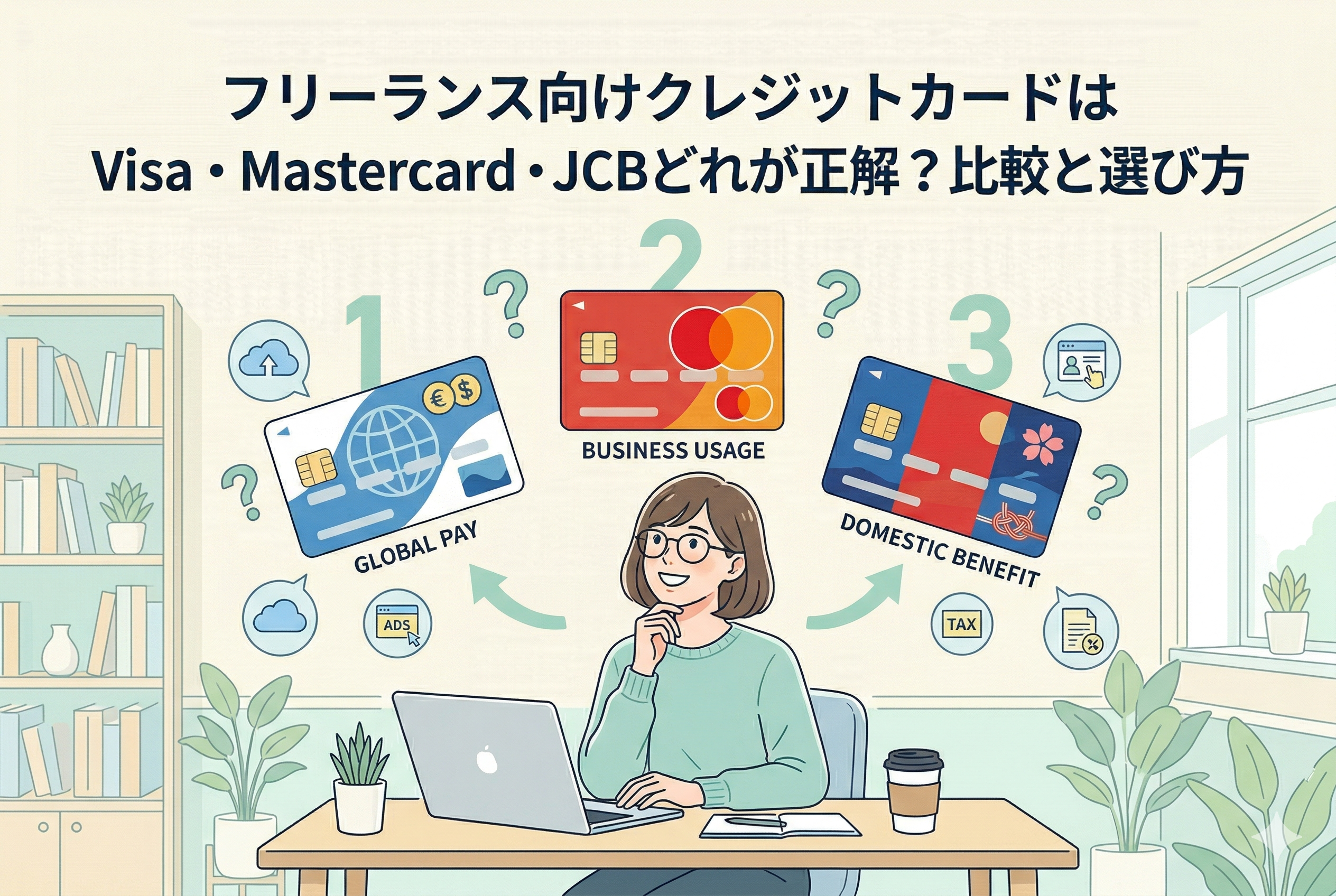 「フリーランス向けクレジットカードは Visa・Mastercard・JCBどれが正解?比較と選び方」という見出しのアイキャッチ画像。デスクでノートパソコンを使う女性が、浮かぶ3枚のカード(1. GLOBAL PAY(Visa)、2. BUSINESS USAGE(Mastercard)、3. DOMESTIC BENEFIT(JCB))について、クエスチョンマークを浮かべて考えている様子を描いたイラスト。彼女の周りには広告、税金、クラウド、国内特典をイメージしたアイコンが浮かび、各ブランドの特徴(グローバル利用、ビジネス利用、国内特典)が視覚的に表現されている。