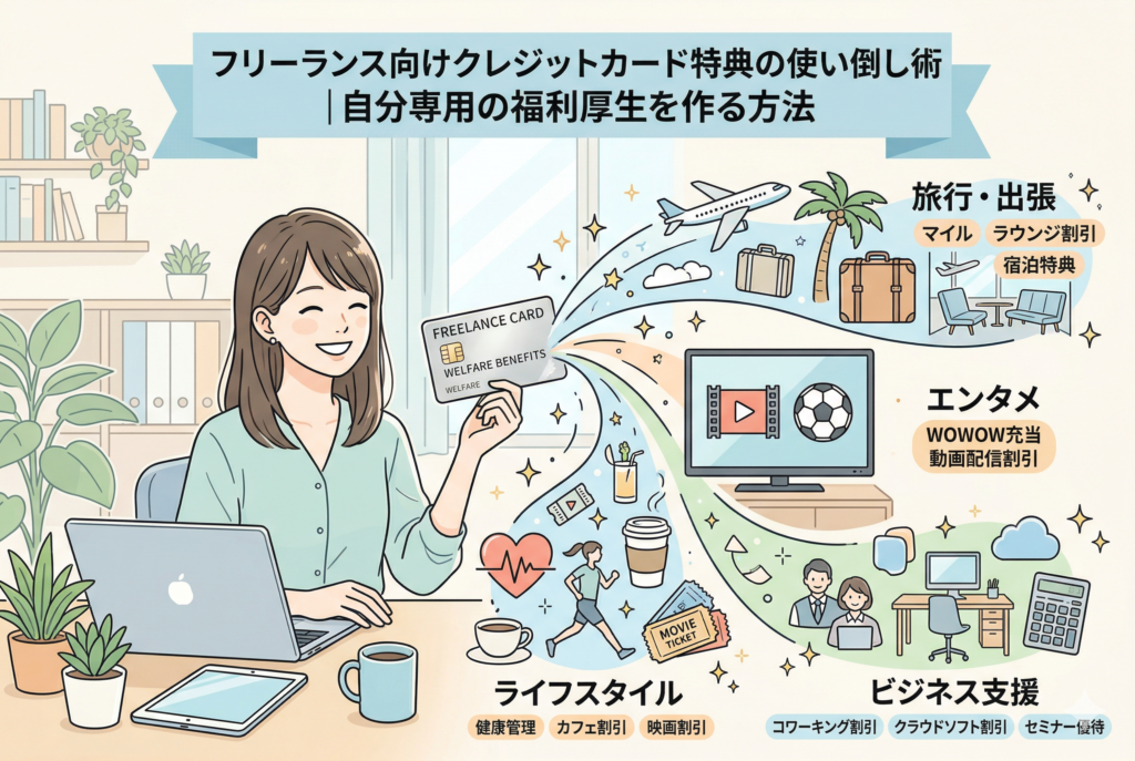 「フリーランス向けクレジットカード特典の使い倒し術」を解説するアイキャッチ画像。デスクで作業する女性がカードを掲げ、そこから「旅行・出張（ラウンジ・宿泊）」「エンタメ（WOWOW・動画）」「ビジネス支援（コワーキング・クラウドソフト）」「ライフスタイル（健康管理・カフェ）」の優待特典が広がっている様子を表現したインフォグラフィック。