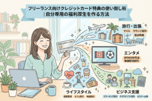 「フリーランス向けクレジットカード特典の使い倒し術」を解説するアイキャッチ画像。デスクで作業する女性がカードを掲げ、そこから「旅行・出張（ラウンジ・宿泊）」「エンタメ（WOWOW・動画）」「ビジネス支援（コワーキング・クラウドソフト）」「ライフスタイル（健康管理・カフェ）」の優待特典が広がっている様子を表現したインフォグラフィック。