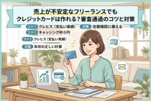 パソコンやタブレットを使って自宅で働く女性フリーランスのイラスト。「売上が不安定なフリーランスでもクレジットカードは作れる？審査通過のコツと対策」という見出しが入り、クレヒス（支払い実績）、キャッシング枠0円、年収の計算方法、在籍確認への備えといった審査通過の重要ポイントが箇条書きで示されている清潔感のあるデザイン。