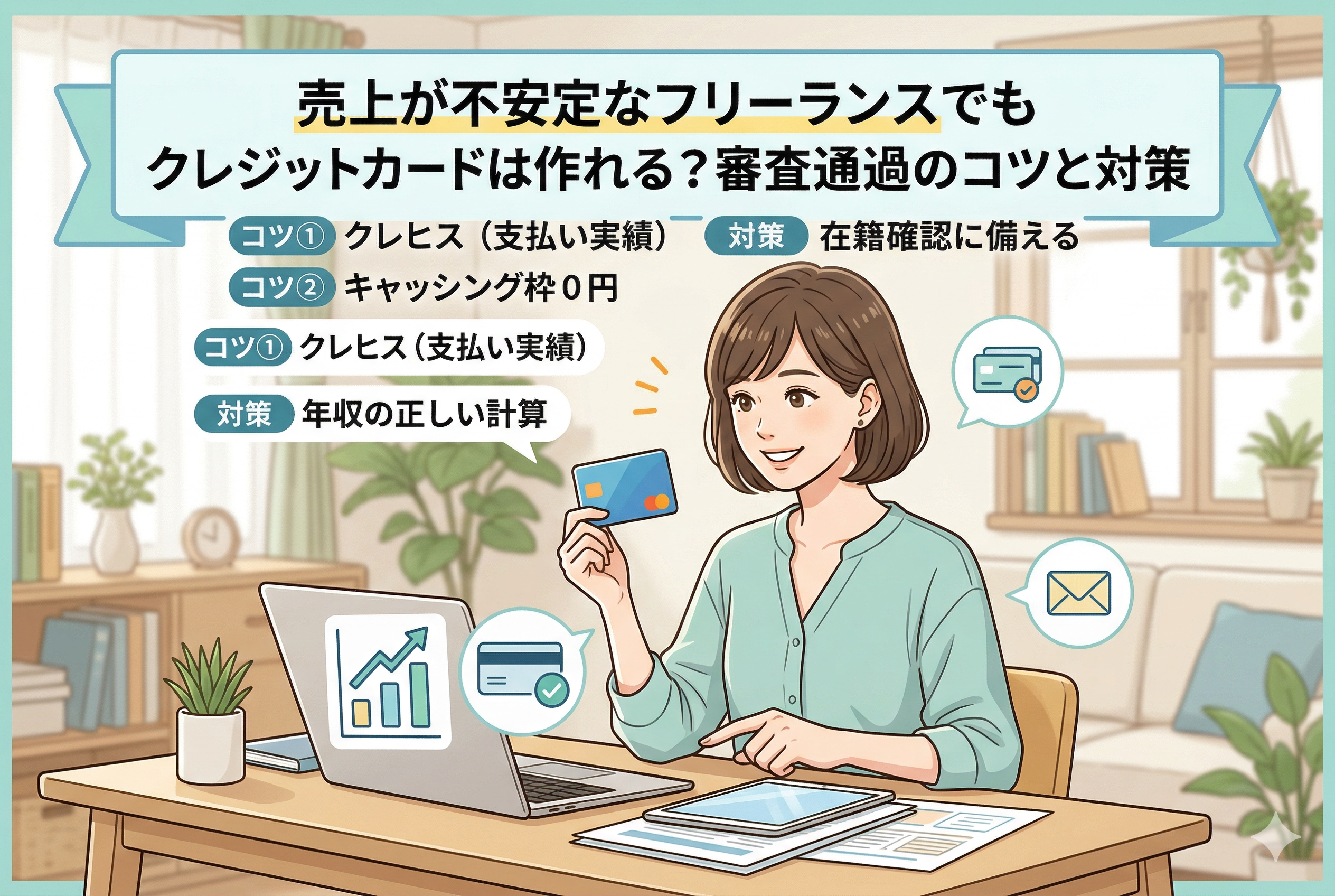 パソコンやタブレットを使って自宅で働く女性フリーランスのイラスト。「売上が不安定なフリーランスでもクレジットカードは作れる？審査通過のコツと対策」という見出しが入り、クレヒス（支払い実績）、キャッシング枠0円、年収の計算方法、在籍確認への備えといった審査通過の重要ポイントが箇条書きで示されている清潔感のあるデザイン。
