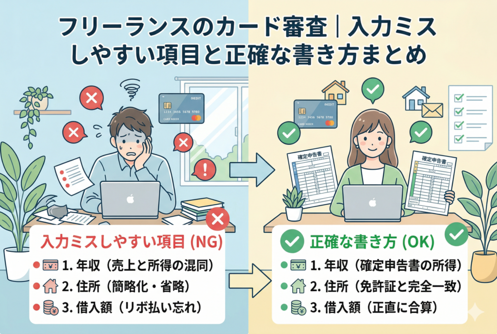 「フリーランスのカード審査｜入力ミスしやすい項目と正確な書き方まとめ」というタイトルの、左右対比のイラスト。左側の「NG」では、困った男性フリーランスが年収（売上と所得の混同）、住所（省略）、借入額（リボ忘れ）を誤入力。右側の「OK」では、笑顔の女性フリーランスが確定申告書と免許証に基づき、正確な所得、住所、借入額を記入し、審査に通過している様子を描写しています。