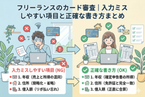 「フリーランスのカード審査｜入力ミスしやすい項目と正確な書き方まとめ」というタイトルの、左右対比のイラスト。左側の「NG」では、困った男性フリーランスが年収（売上と所得の混同）、住所（省略）、借入額（リボ忘れ）を誤入力。右側の「OK」では、笑顔の女性フリーランスが確定申告書と免許証に基づき、正確な所得、住所、借入額を記入し、審査に通過している様子を描写しています。