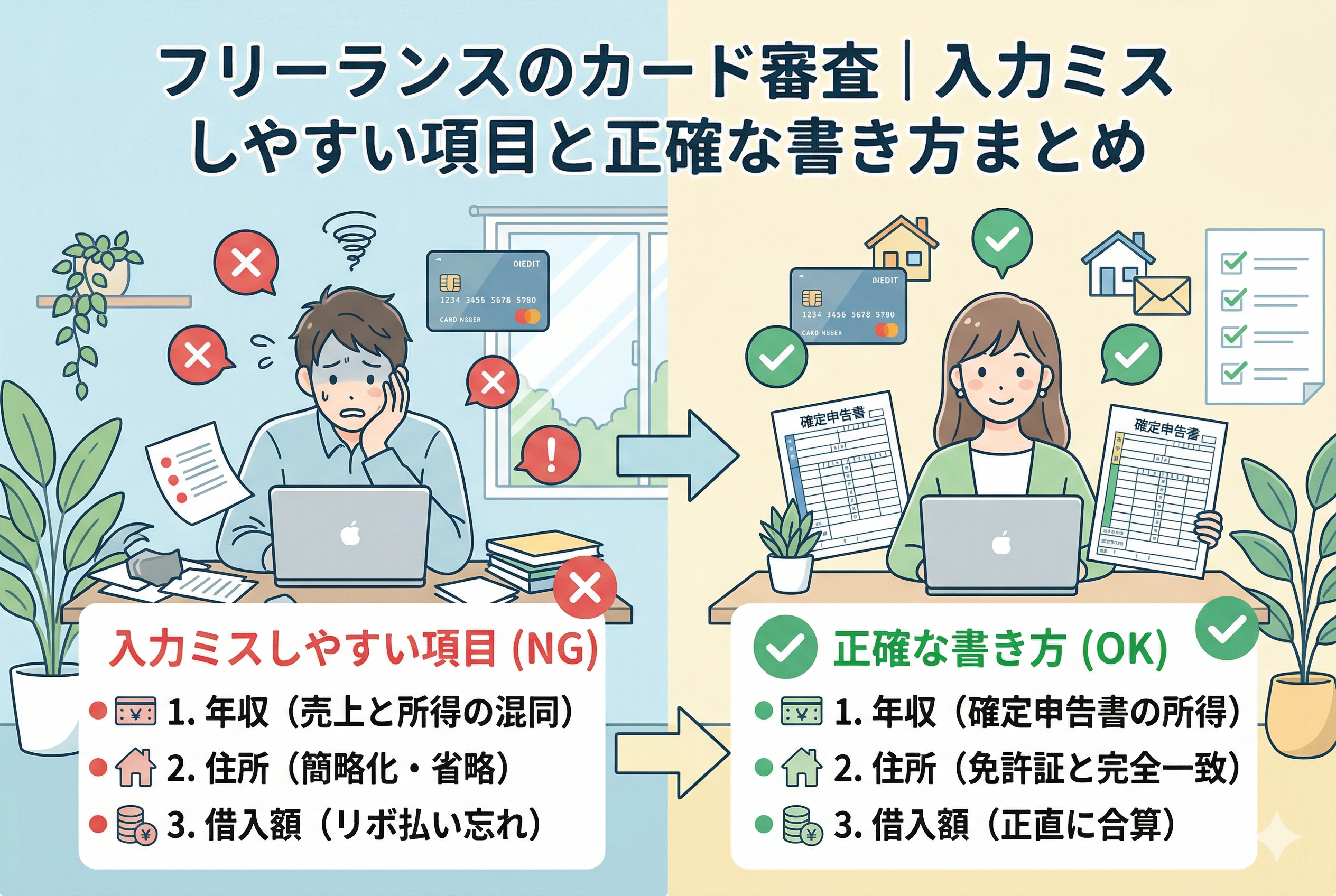 「フリーランスのカード審査|入力ミスしやすい項目と正確な書き方まとめ」というタイトルの、左右対比のイラスト。左側の「NG」では、困った男性フリーランスが年収(売上と所得の混同)、住所(省略)、借入額(リボ忘れ)を誤入力。右側の「OK」では、笑顔の女性フリーランスが確定申告書と免許証に基づき、正確な所得、住所、借入額を記入し、審査に通過している様子を描写しています。