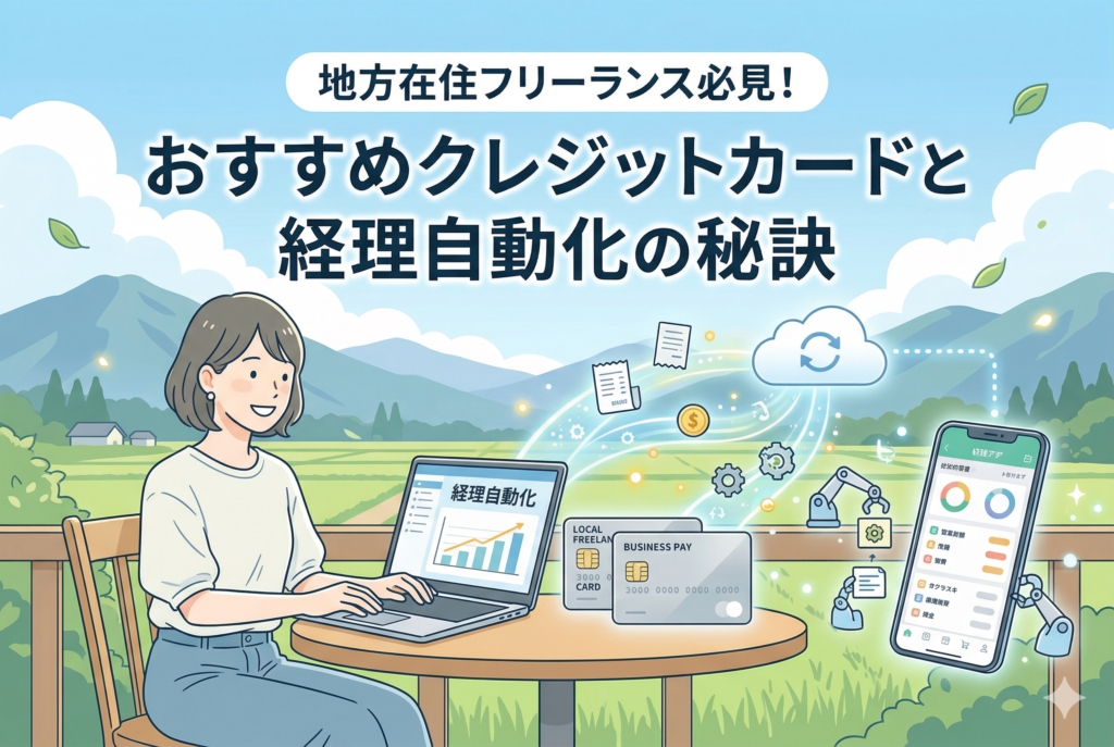 自然豊かな地方の田園風景をバックに、女性がテラスでノートパソコンを使い、クレジットカードとスマートフォンを連携させて経理を自動化している様子を描いたイラスト。「地方在住フリーランス必見! おすすめクレジットカードと経理自動化の秘訣」という記事タイトルが書かれている。