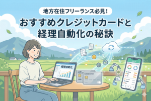 自然豊かな地方の田園風景をバックに、女性がテラスでノートパソコンを使い、クレジットカードとスマートフォンを連携させて経理を自動化している様子を描いたイラスト。「地方在住フリーランス必見！ おすすめクレジットカードと経理自動化の秘訣」という記事タイトルが書かれている。