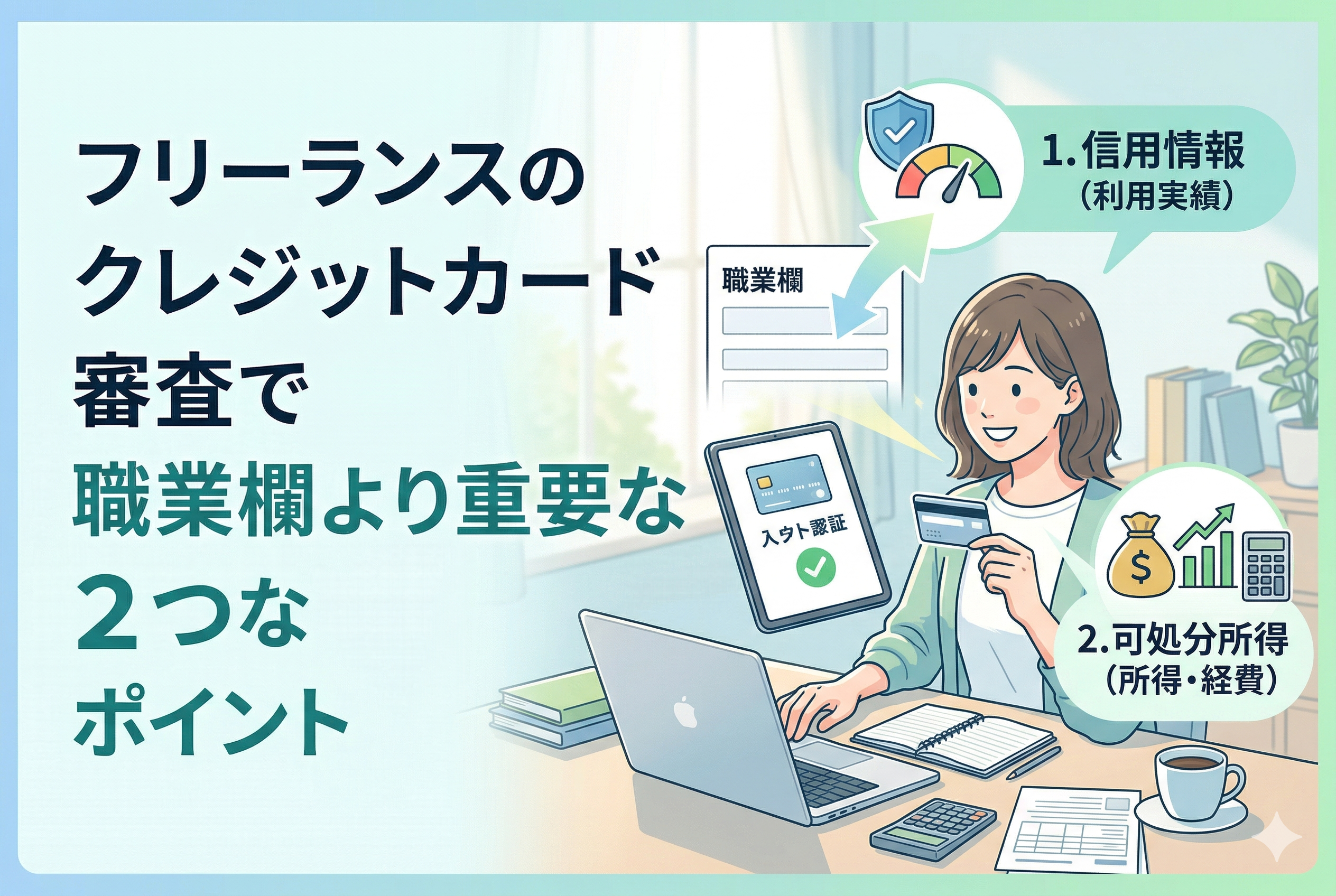 パソコンの前でクレジットカードを持つ笑顔の女性フリーランスのイラスト。画像内には「フリーランスのクレジットカード審査で職業欄より重要な2つのポイント」という見出しと、その2つのポイントである「1. 信用情報 (利用実績)」、「2. 可処分所得 (所得・経費)」がアイコンとともに描かれている。親しみやすく清潔感のあるデザイン。