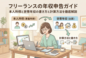 「フリーランスの年収申告ガイド」というタイトルのもと、デスクでパソコン作業をする女性フリーランスのイラスト。本人所得（事業所得）と世帯年収を合算する仕組みや、計算方法の流れをアイコンで分かりやすく図解した、清潔感のあるアイキャッチ画像。