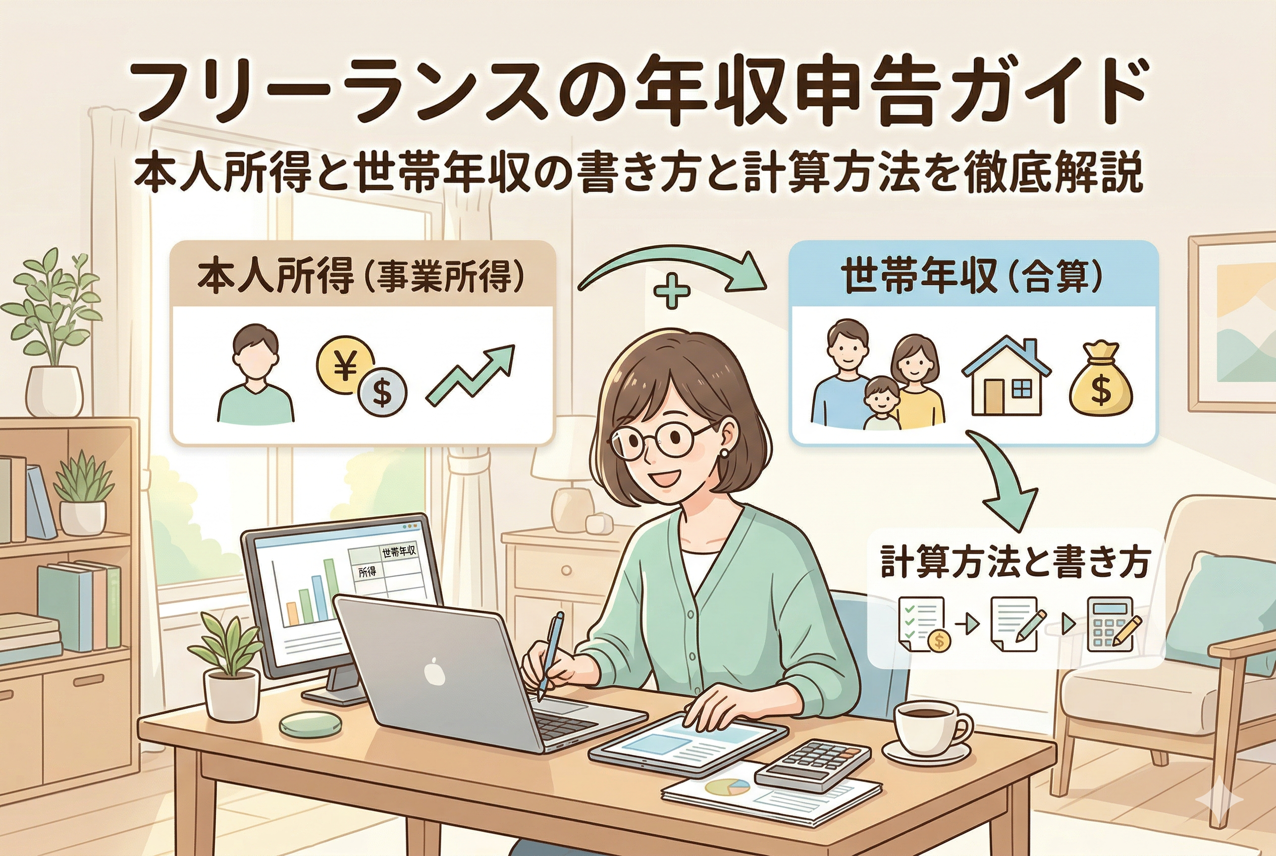 「フリーランスの年収申告ガイド」というタイトルのもと、デスクでパソコン作業をする女性フリーランスのイラスト。本人所得(事業所得)と世帯年収を合算する仕組みや、計算方法の流れをアイコンで分かりやすく図解した、清潔感のあるアイキャッチ画像。