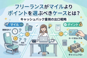 中央で考える女性フリーランスを挟んで、クレジットカードの特典選択を比較するインフォグラフィック。上部には「フリーランスがマイルよりポイントを選ぶべきケースとは？ キャッシュバック重視の出口戦略」のタイトル。左側にはマイルの期限切れや予約困難なリスク、右側にはポイントがカード支払いに充当され、札束とコイン（キャッシュフロー）として戻るメリットが、イラストとテキストでわかりやすく描かれている。