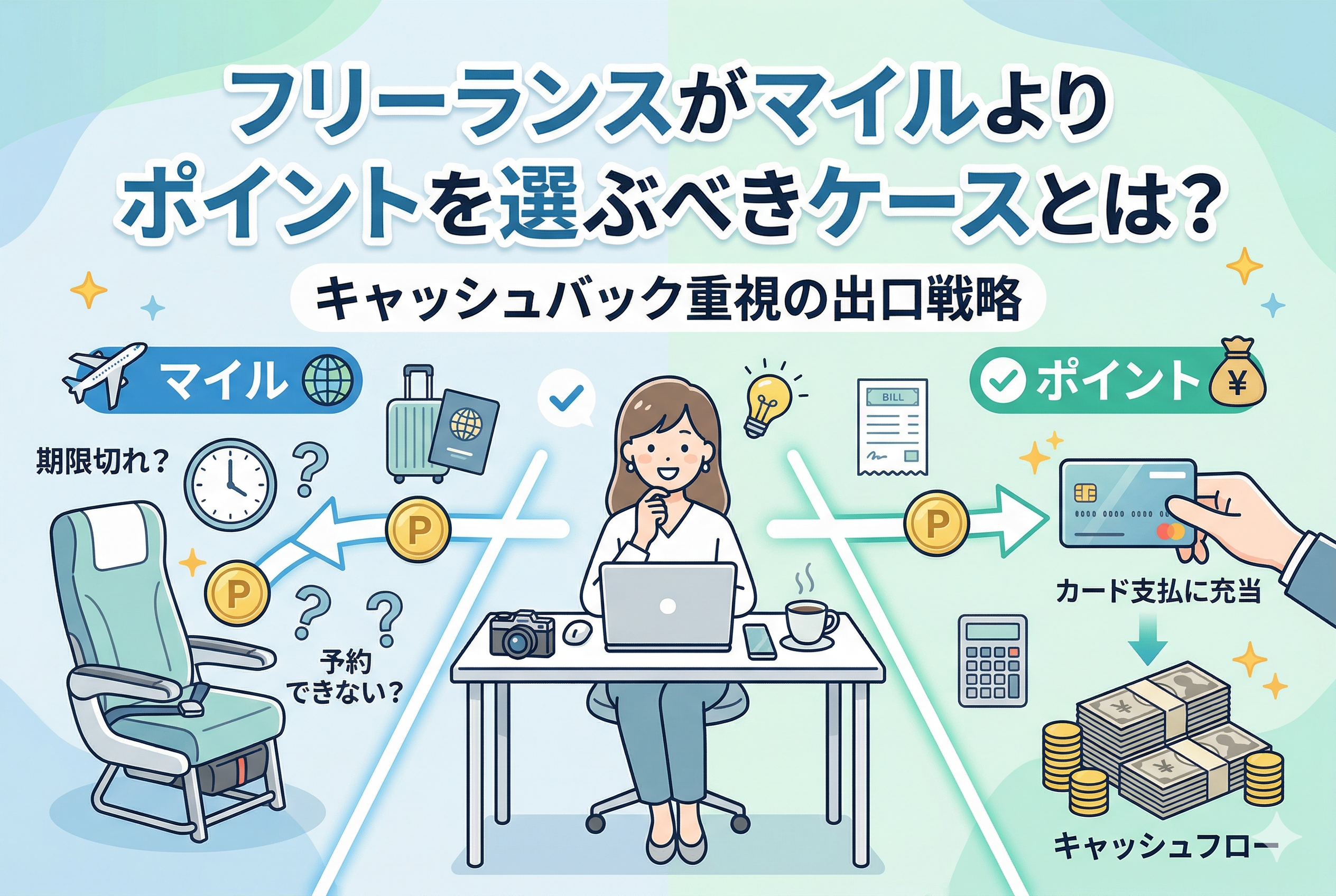 中央で考える女性フリーランスを挟んで、クレジットカードの特典選択を比較するインフォグラフィック。上部には「フリーランスがマイルよりポイントを選ぶべきケースとは? キャッシュバック重視の出口戦略」のタイトル。左側にはマイルの期限切れや予約困難なリスク、右側にはポイントがカード支払いに充当され、札束とコイン(キャッシュフロー)として戻るメリットが、イラストとテキストでわかりやすく描かれている。