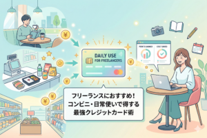フリーランスのためのクレジットカード術を解説するイラスト。カフェ、コンビニ、スーパーでの日常的な支払いが、中央のクレジットカードを通じて、右側の女性に「POINTS EARNED（ポイント獲得）」と「COST SAVED（コスト削減）」として還元される様子を描いている。中央に「フリーランスにおすすめ！コンビニ・日常使いで得する最強クレジットカード術」のタイトル入り。女性の周りにはカメラ、本、カレンダーなどのフリーランス活動を象徴するアイコンが浮いている。