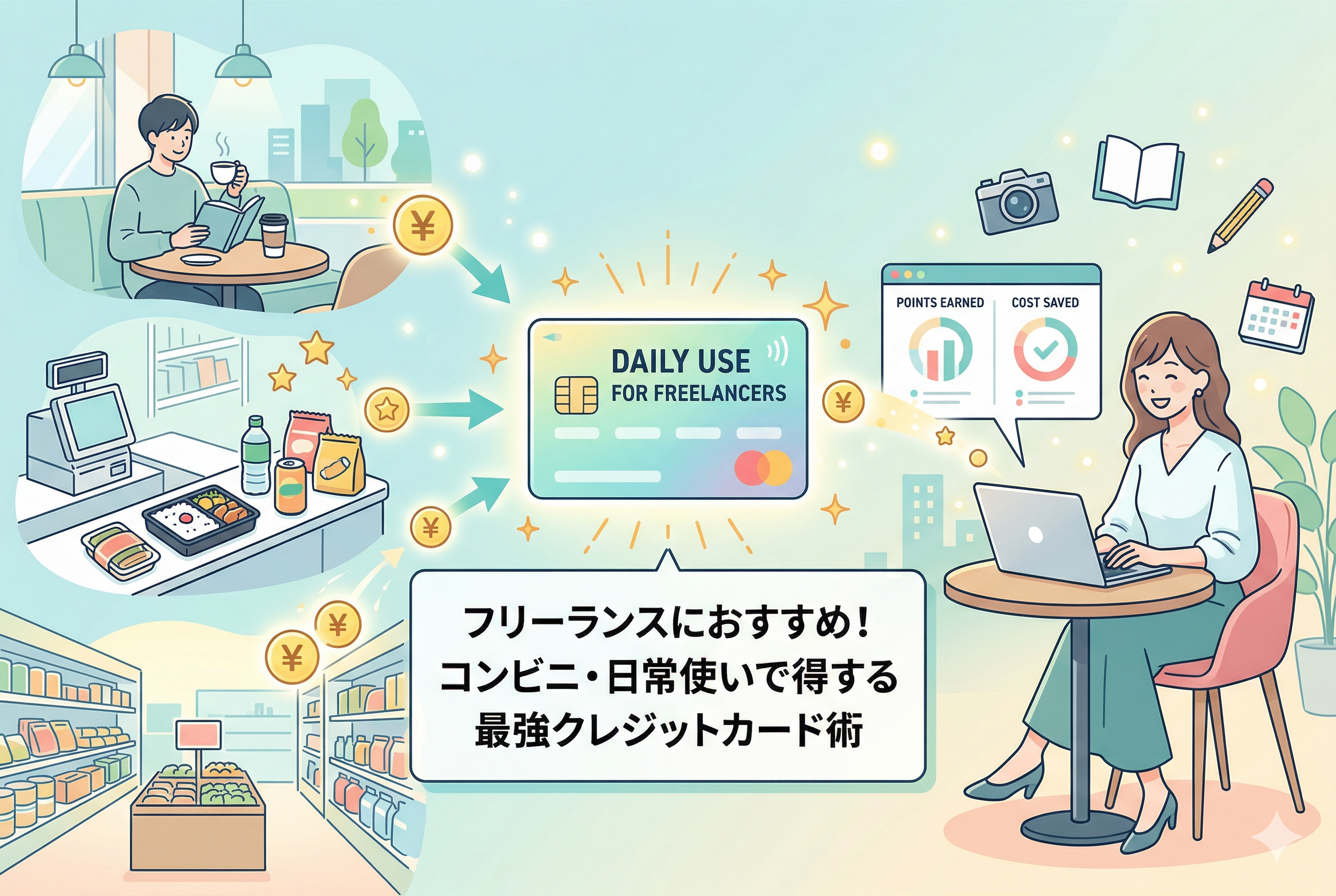 フリーランスのためのクレジットカード術を解説するイラスト。カフェ、コンビニ、スーパーでの日常的な支払いが、中央のクレジットカードを通じて、右側の女性に「POINTS EARNED(ポイント獲得)」と「COST SAVED(コスト削減)」として還元される様子を描いている。中央に「フリーランスにおすすめ!コンビニ・日常使いで得する最強クレジットカード術」のタイトル入り。女性の周りにはカメラ、本、カレンダーなどのフリーランス活動を象徴するアイコンが浮いている。